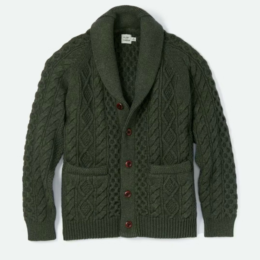 Flint & Tinder Men’s Aran Cable Knit Cardigan Sweater size medium heather pine - Picture 7 of 11